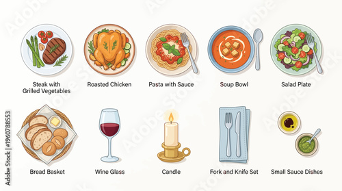 A collection of illustrated dining elements including various main courses, side dishes, drinks, and table settings.