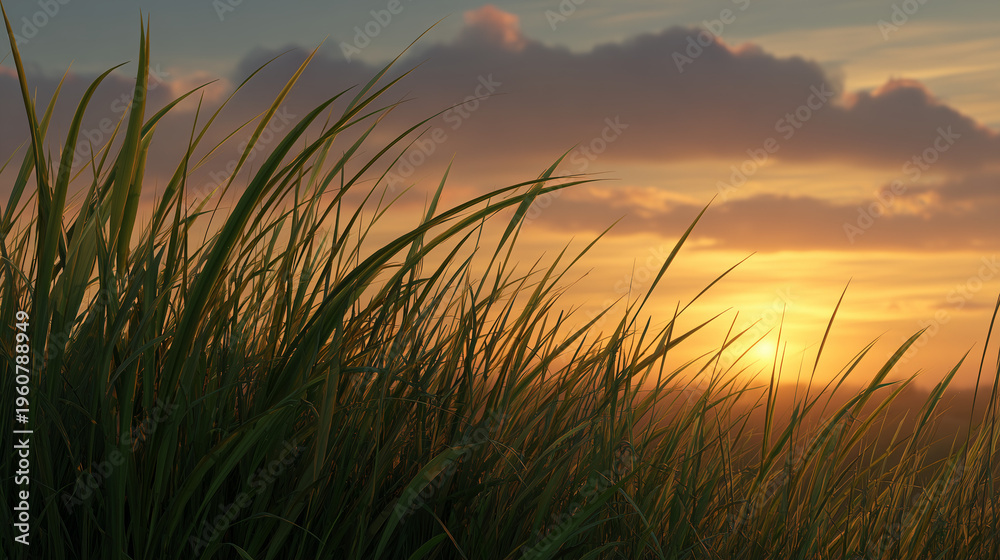 Fototapeta premium Sunrise over rolling hills in realistic nature photography