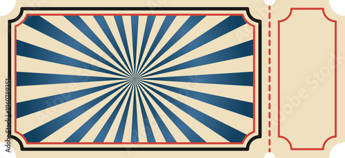 Blank vintage admission ticket template with decorative black and red borders, perforated tear line and stub. Retro event pass design.