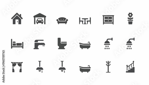 Various bathroom fixtures and furniture icons are shown together