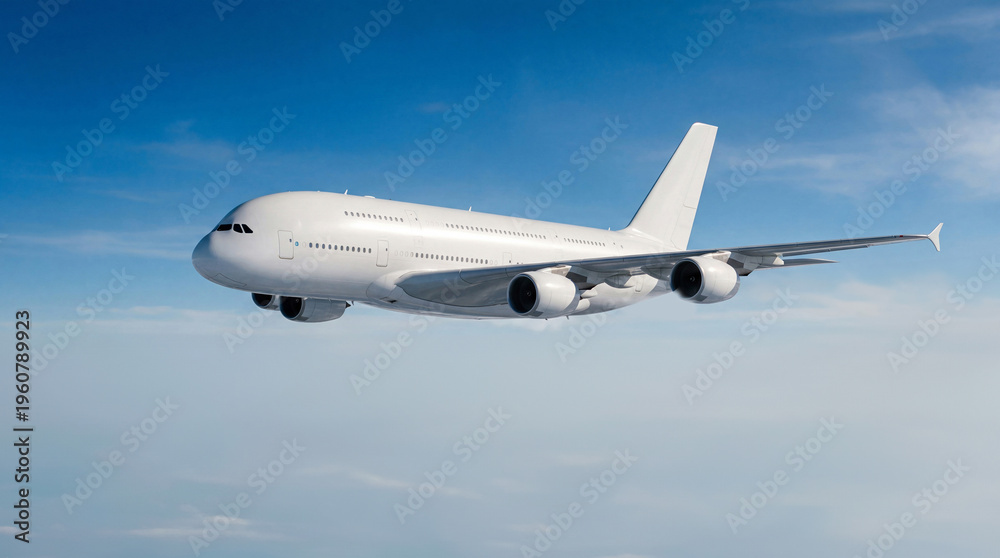 Obraz premium Close up of White airplane Airbus A380 commercial jetliner in flight above soft white clouds under a clear blue sky ideal for airline banners travel posters and aviation industry media