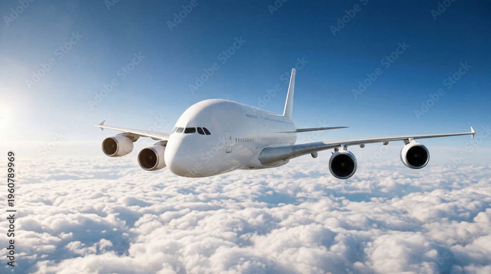 Fototapeta premium Majestic White airplane Airbus A380 giant passenger aircraft soaring through the atmosphere over a thick carpet of clouds with copy space for travel agency advertising and aviation themes