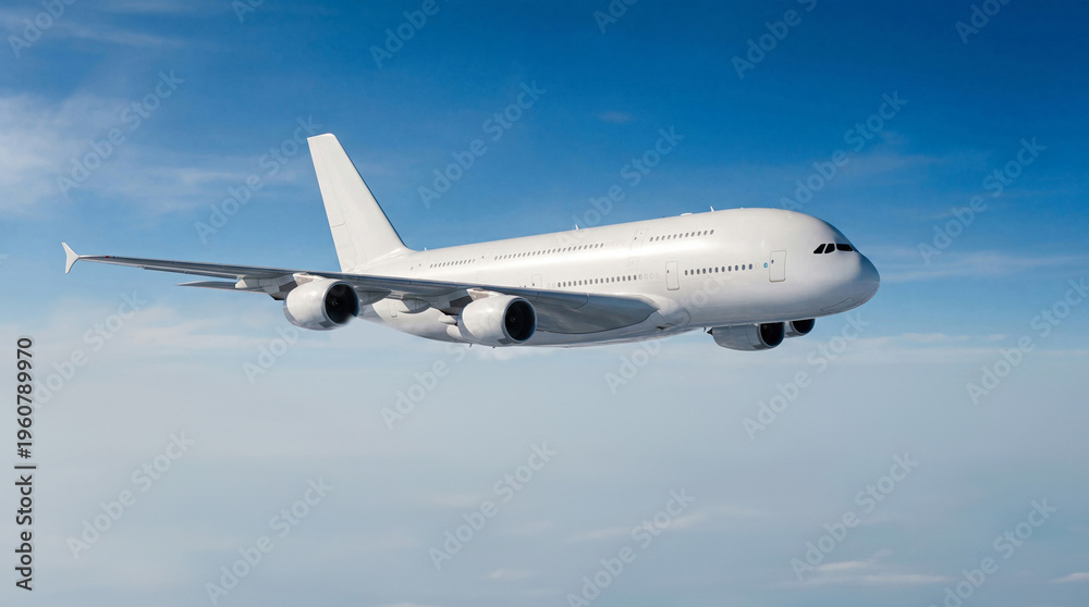 Obraz premium Side view of White airplane Airbus A380 double decker jet flying in the bright blue sky above fluffy clouds perfect for airline branding and international travel marketing promotion materials