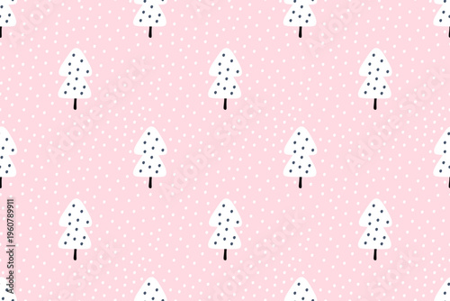 Natural seamless pattern. Forest of white trees on pink background and white snow, polka dots. Landscape, environment, nature. Flat vector design. For wallpaper, textiles, packaging, backgrounds.