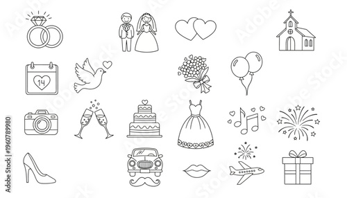 A joyful wedding celebration with love symbols and festive icons