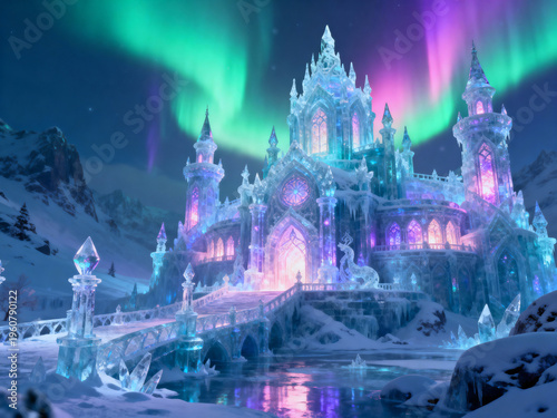 A grand ice palace stands tall in a snowy landscape, illuminated by vibrant northern lights. Sparkling crystals surround the structure, creating a magical scene that enchants visitors