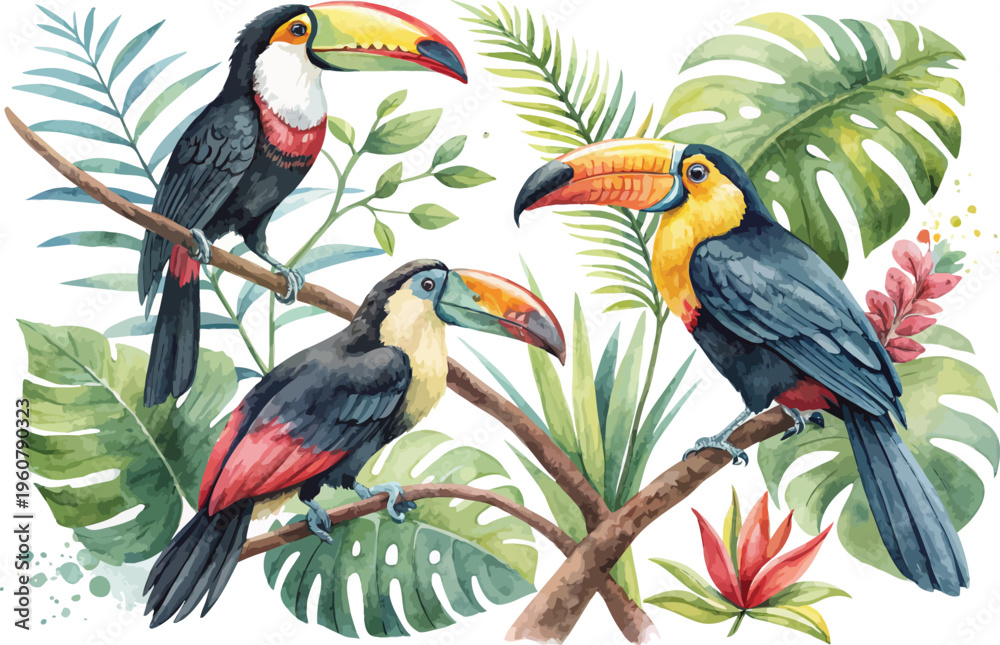 Fototapeta premium Watercolor Toucan Illustration, Tropical Bird Clipart, isolated on white background