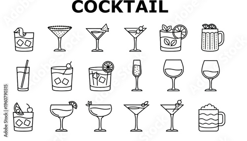 A collection of various cocktail glasses and drinks on a table indoors