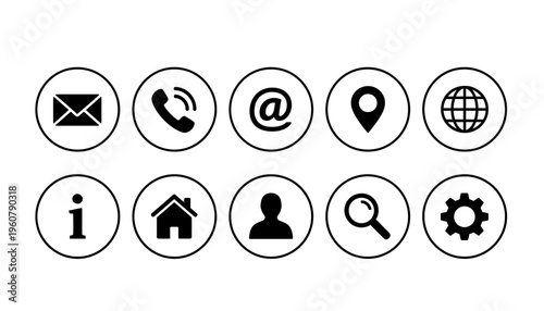 A collection of web interface icons depicting various communication and navigation symbols on a screen