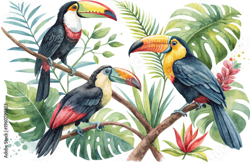 Watercolor Toucan Illustration, Tropical Bird Clipart, isolated on white background