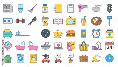 Collection of various colorful icons depicting everyday objects and symbols arranged jbsdk in a grid
