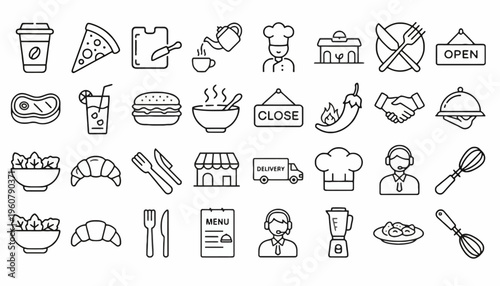 Illustrations of food icons and restaurant symbols are displayed jbsdk