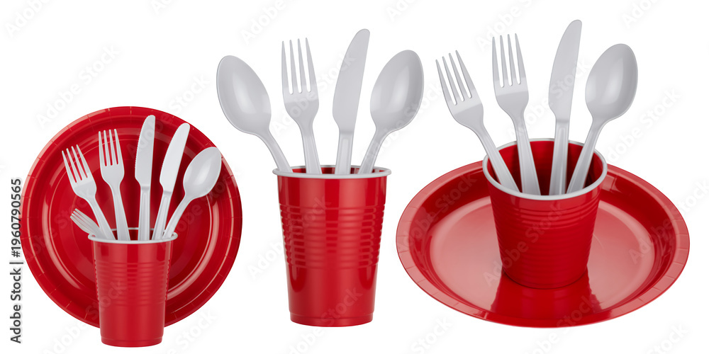 Fototapeta premium Red plastic tableware with white utensils on black disposable plates isolated on a transparent background