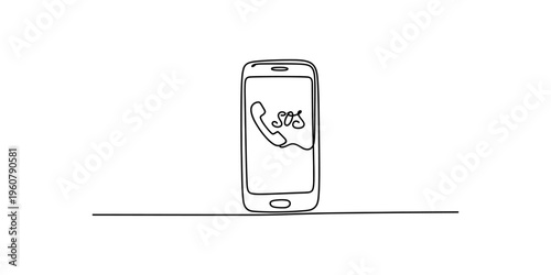 Continuous line drawing of a smartphone displaying an emergency sos call icon on its screen.