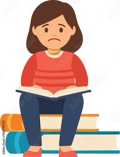 Sad Student Sitting on Books Reading with Low Motivation Education Struggle Concept Vector Illustration Isolated on White Background