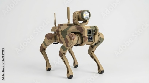 A desert camouflage quadrupedal reconnaissance robot with a spotlight and cameras.