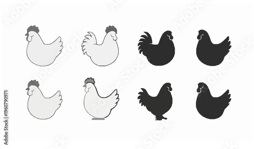 Chicken outline and silhouette icons with different poses farm poultry vector