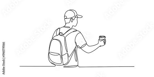 Minimalist one line art of a student wearing a cap and backpack carrying a cup of coffee