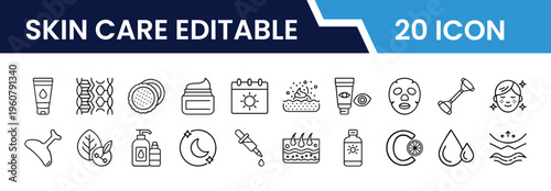 Outline Skin Care Editable Icon Set in Line Art Style for Cream, Lotion, Serum, Face Mask, Moisturizer, Beauty, and Digital Interface Design