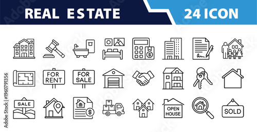 Outline Real Estate Icon Set in Line Art Style for House, Apartment, Property, Mortgage, For Sale, Rent, Agent, and Digital Interface Design