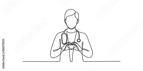 Single line drawing of a medical professional wearing a stethoscope and showing heart gesture.