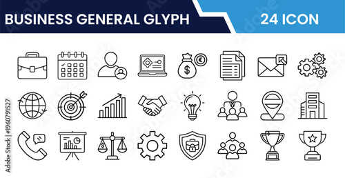 Corporate Business General Glyph Icon Set in Solid Style for Finance, Marketing, Office Work, Strategy, Management, and Digital Interface Design
