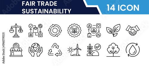 Outline Fair Trade and Sustainability Icon Set in Line Art Style for Ethical Business, Eco Friendly Products, Recycling, Green Energy, and Digital Interface Design