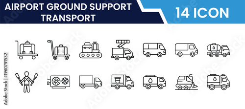 Outline Airport Ground Support Transport Icon Set in Line Art Style for Baggage Handling, Tow Tractor, Fuel Truck, Service Vehicles, Runway Equipment, and Digital Interface Design