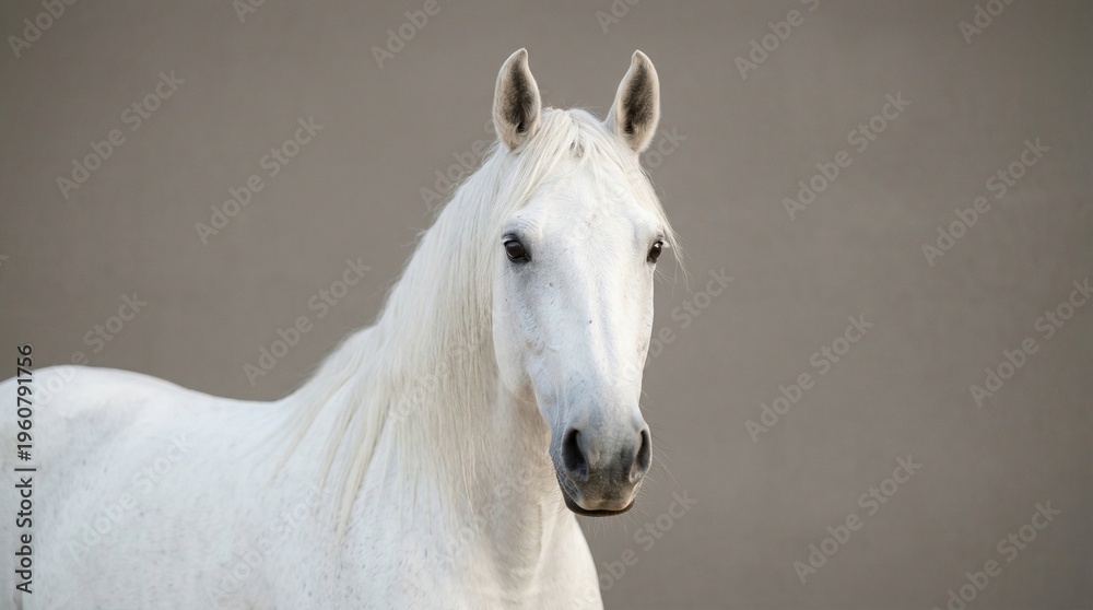 Fototapeta premium Majestic white horse portrait against gray background