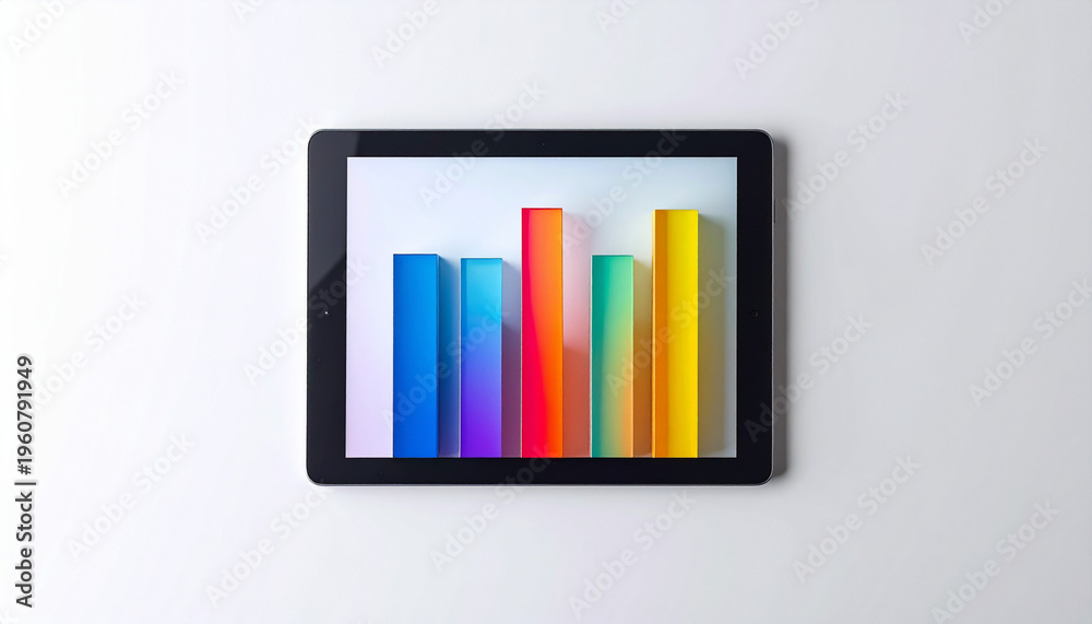 Obraz premium タブレット端末の画面に表示されたカラフルで立体的な3D棒グラフの俯瞰データビジュアライゼーション