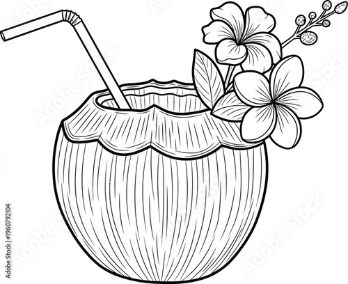 Coconut cocktail with flower garnish and straw