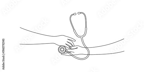 Continuous line drawing of two hands with a stethoscope symbolising medical care and support
