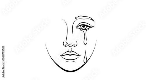 Minimalist Line Art of Sad Face Crying Tears, Emotional Distress, Sadness, Grief