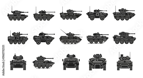 Military Tank Icons Set, Vector Illustrations of Armored Vehicles