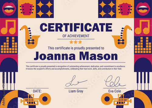 Pattern mosaic poster for certificate diploma guitar and music festival.