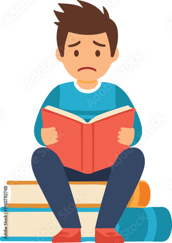 Worried Student Reading Book Sitting on Books Education Stress Learning Difficulty Concept Vector Illustration Isolated on White Background
