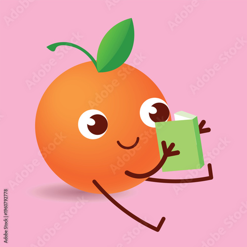 Orange Character Reading a Book. Cute Cartoon Fruit Mascot for Animation and Advertising
