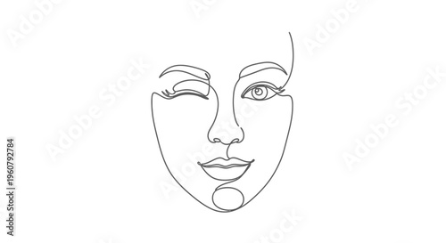 Minimalist continuous line drawing of a woman's face, winking eye, white background