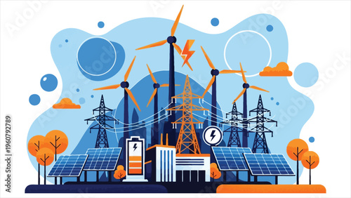 Renewable energy smart grid with solar panels, wind turbines, battery storage, power lines, and a clean city.