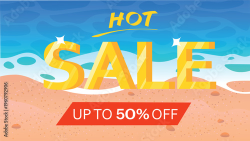 Colorful summer beach background. Sandy shore of a tropical island. Hot sale. Summer discount concept.