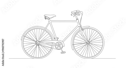 Minimalist Line Art Bicycle Drawing on White Background - Vintage Style
