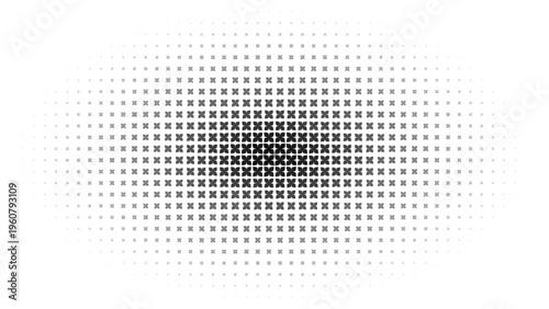 Radial halftone pattern with black floral elements expanding from the center, Circular floral ornament gradient, Symmetrical monochrome burst background