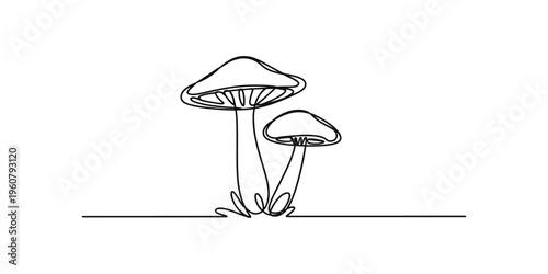 Minimalist continuous line art illustration of two mushrooms on a white background