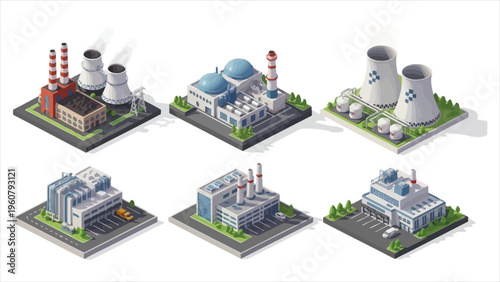Isometric collection of industrial factories on a clean background. Vector illustration