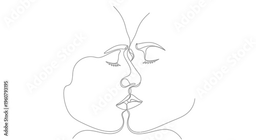 Minimalist Line Art Kissing Couple, Abstract Romantic Face Drawing