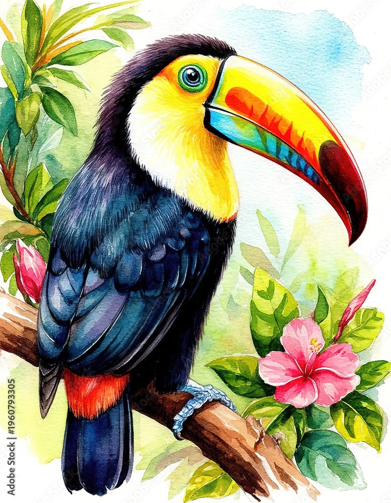 Naklejka premium A toucan perched on a branch among foliage and flowers. Watercolor illustration of a bird portrait