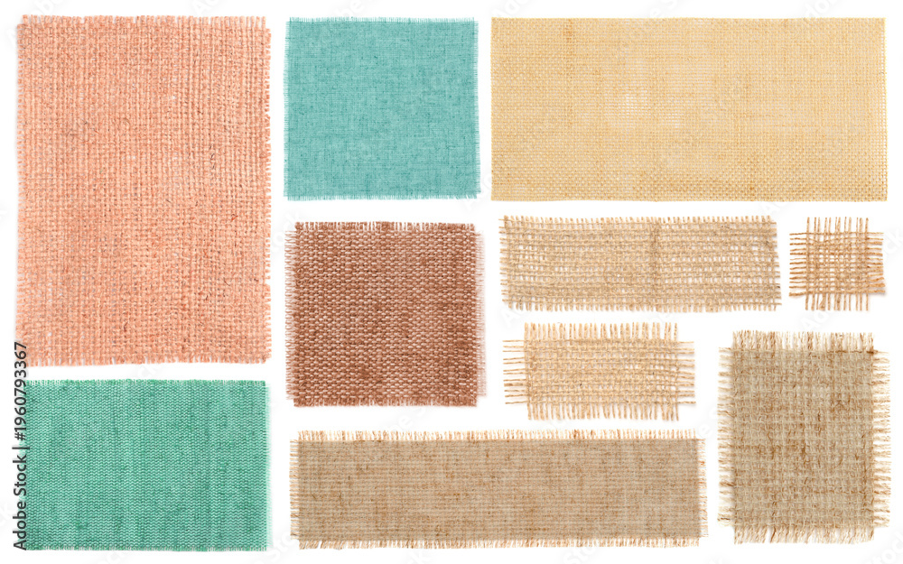 Fototapeta premium Pieces of natural burlap fabric in different colors on white background, set