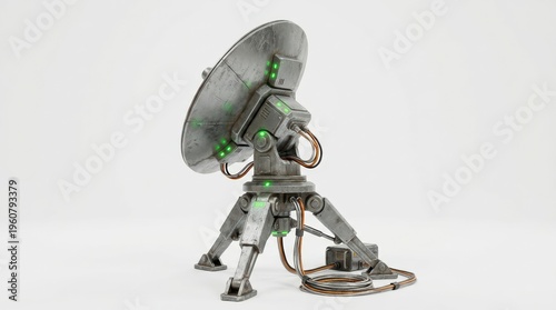 A realistic 3D render of a weathered sci-fi satellite dish with glowing green lights.