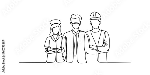 Continuous line drawing of a nurse, a man in a mask, and a construction worker standing together.