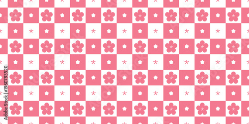 Pink and Red Floral Checkerboard Pattern - Groovy Y2K Aesthetic Seamless Flower Grid Vector